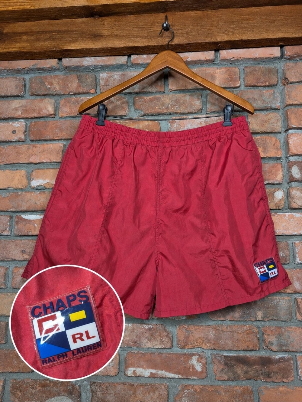 Vintage 90s Chaps Ralph Lauren Swim Trunks Red Nylon Logo XL Short Inseam